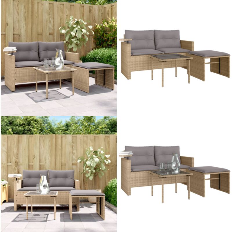 Salon de jardin avec coussins 3 pcs beige résine tressée - Ensemble Salon De Jardin - Canapé Jardin - Table Basse Jardin - Chaise Longue - Meuble