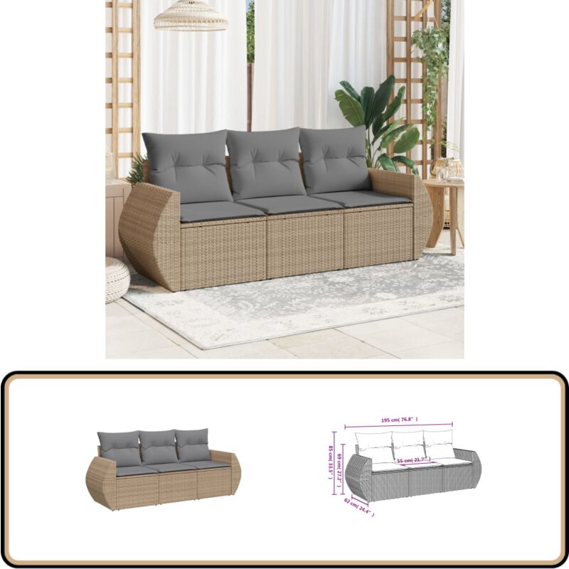 Salon de jardin avec coussins 3 pcs beige résine tressée - Ensemble Salon Jardin - Meuble Extérieur - Résine Tressée - Rotin Synthétique - Fauteuil