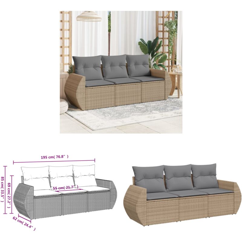 Salon de jardin avec coussins 3 pcs beige résine tressée - Ensemble Salon Jardin - Meuble Extérieur - Résine Tressée - Rotin Synthétique - Fauteuil