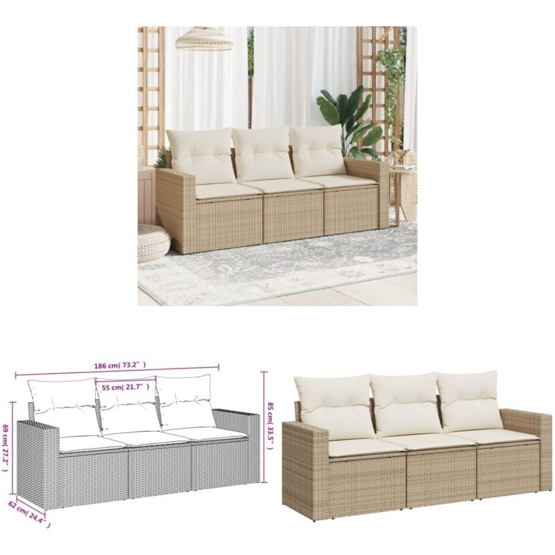 Salon de jardin avec coussins 3 pcs beige résine tressée - Salon De Jardin - Canapé Extérieur - Meuble De Jardin - Ensemble Salon De Jardin - Résine