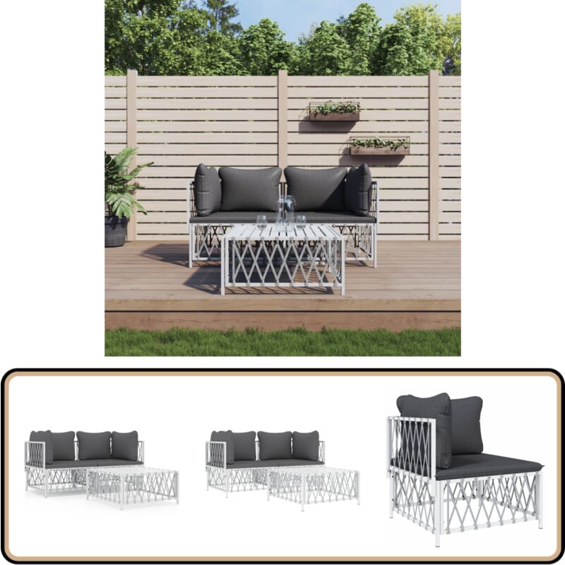 Salon de jardin avec coussins 3 pcs blanc acier - Salon De Jardin - Mobilier De Jardin - Ensemble Salon De Jardin - Canapé D'angle - Table Basse