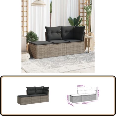 Salon de jardin avec coussins 3 pcs gris résine tressée - Ensemble Salon De Jardin - Mobilier De Jardin - Canapé Extérieur - Chaise Lounge - Pouf Pliable