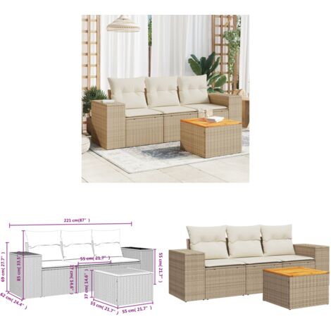 Salon de jardin avec coussins 4 pcs beige résine tressée - Ensemble Salon De Jardin - Meuble Extérieur - Résine Tressée - Rotin Synthétique - Fauteuil Jardin - Home & Living