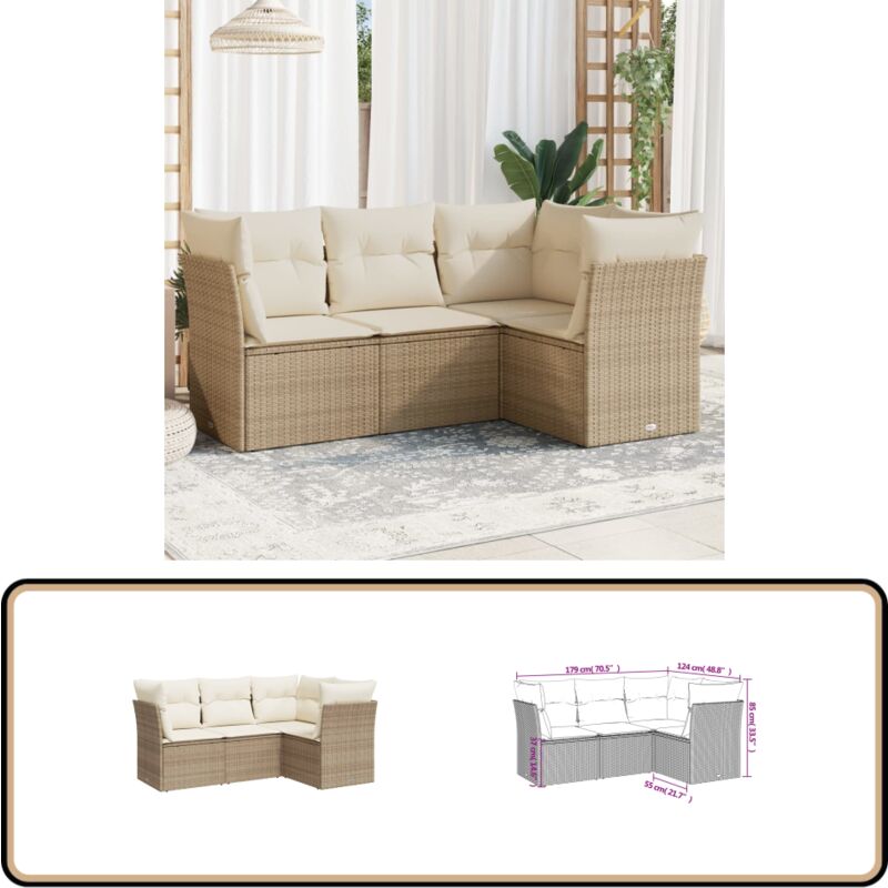 Salon de jardin avec coussins 4 pcs beige résine tressée - Ensemble Salon De Jardin - Mobilier De Jardin - Canapé Extérieur - Canapé Patio - Résine