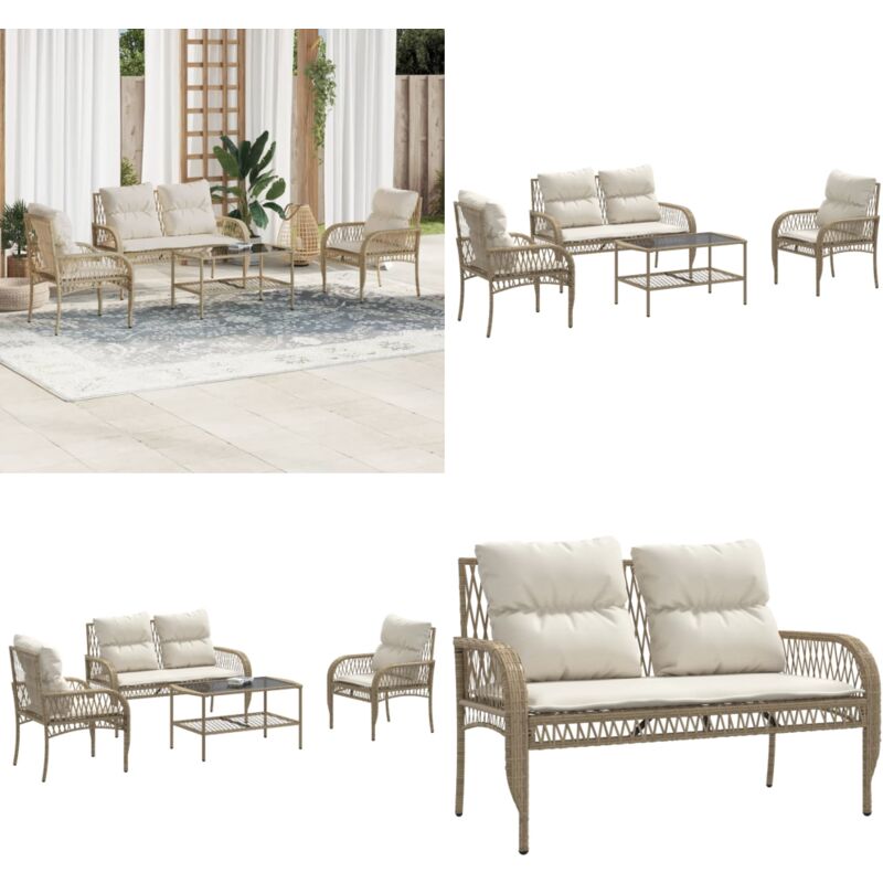 Salon de jardin avec coussins 4 pcs beige résine tressée - Ensemble Salon De Jardin - Salon De Jardin Beige - Mobilier De Jardin - Meubles De Jardin