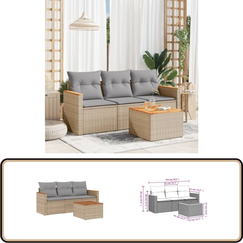 Salon de jardin avec coussins 4 pcs beige résine tressée - Ensemble Salon Jardin - Meuble Extérieur - Résine Tressée - Rotin Synthétique - Canapé