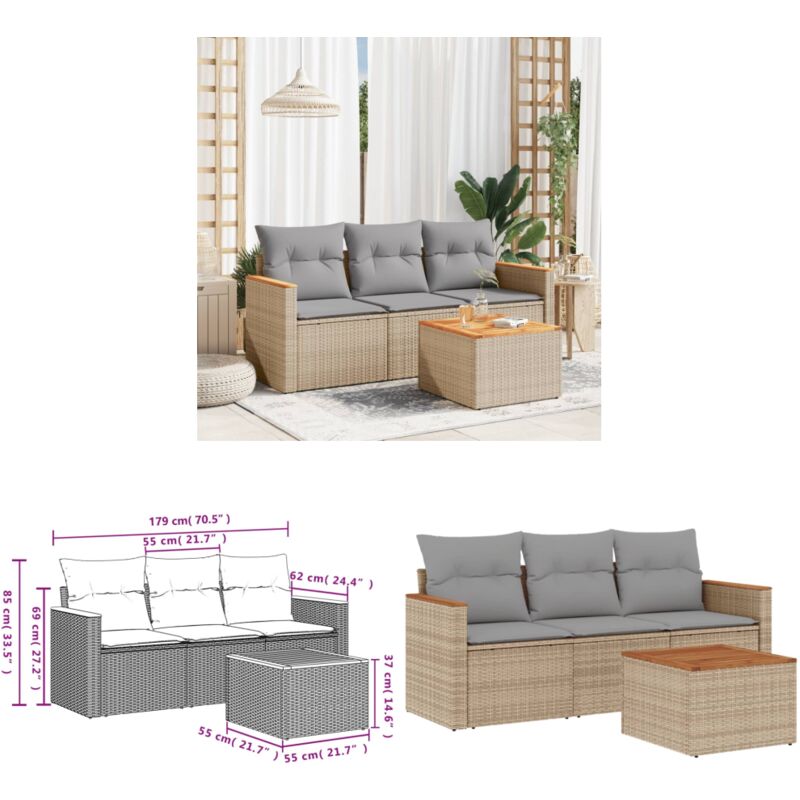 Salon de jardin avec coussins 4 pcs beige résine tressée - Ensemble Salon Jardin - Meuble Extérieur - Résine Tressée - Rotin Synthétique - Canapé