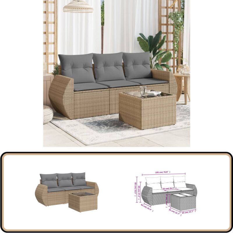 Salon de jardin avec coussins 4 pcs beige résine tressée - Ensemble Salon Jardin - Mobilier De Jardin - Canapé Jardin - Set Salon Exterieur - Chaise