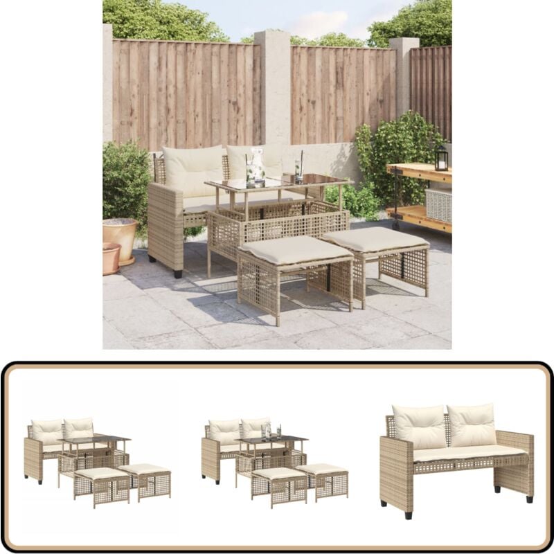 Salon de jardin avec coussins 4 pcs beige résine tressée verre - Canapé De Jardin - Salon De Jardin - Set De Jardin - Mobilier De Jardin - Chaise