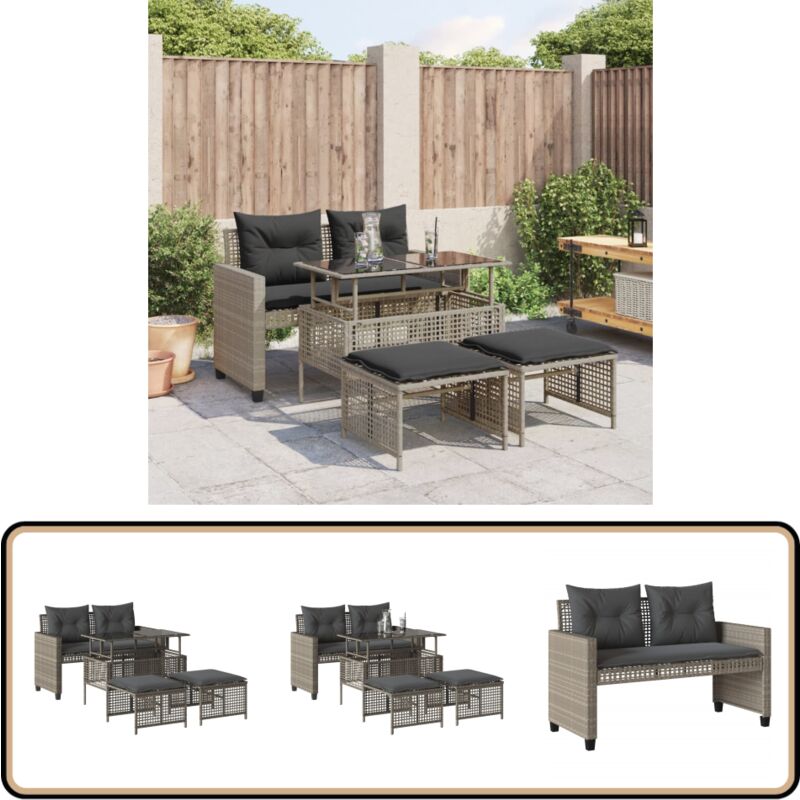 Salon de jardin avec coussins 4 pcs gris clair poly rotin verre - Canapé De Jardin - Salon De Jardin - Set De Jardin - Mobilier De Jardin - Table