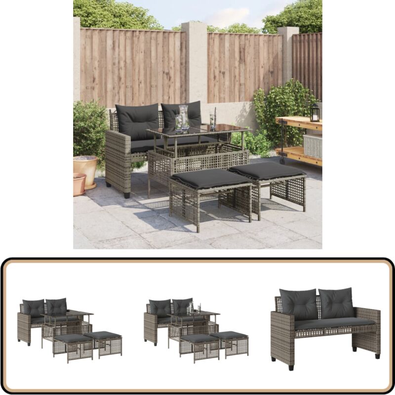 Salon de jardin avec coussins 4 pcs gris résine tressée verre - Canapé De Jardin - Salon De Jardin - Set De Jardin - Mobilier De Jardin - Table Basse
