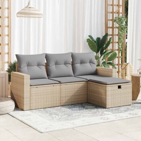 Salon de jardin avec coussins 4 pcs-Lot de 4 Mobilier de jardin-Meuble de jardin beige résine tressée 804586