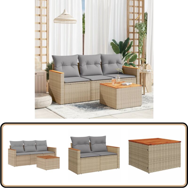 Salon de jardin avec coussins 4pcs mélange beige résine tressée - Ensemble Salon De Jardin - Mobilier Extérieur - Canapé Jardin - Table Jardin