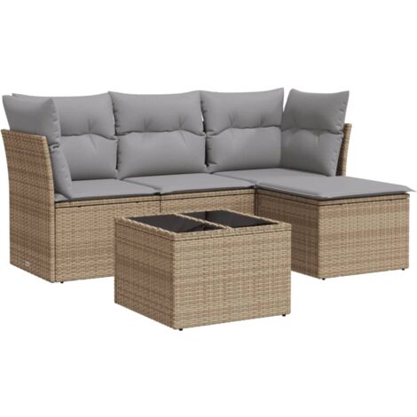 Salon de jardin avec coussins 5 pcs beige résine tressée