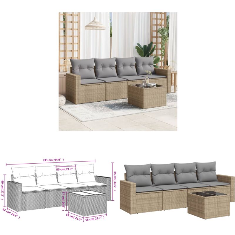Salon de jardin avec coussins 5 pcs beige résine tressée - Canapé Jardin - Mobilier De Jardin - Set Salon De Jardin - Résine Tressée - Rotin