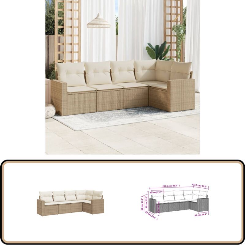 Salon de jardin avec coussins 5 pcs beige résine tressée - Canapé Jardin - Salon De Jardin - Mobilier Extérieur - Set De Jardin - Résine Tressée