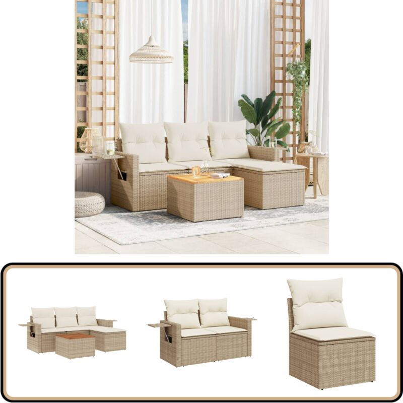 Salon de jardin avec coussins 5 pcs beige résine tressée - Canapé Jardin - Salon De Jardin - Set De Jardin - Meuble Extérieur - Mobilier De Jardin