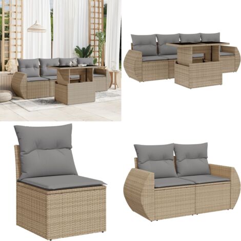 Salon de jardin avec coussins 5 pcs beige résine tressée - Ensemble Salon De Jardin - Meuble Extérieur - Jardin Design - Mobilier De Jardin - Chaise Lounge - Home & Living