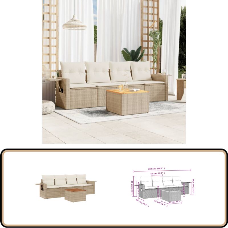 Salon de jardin avec coussins 5 pcs beige résine tressée - Ensemble Salon Jardin - Meuble Extérieur - Résine Tressée - Rotin Synthétique - Mobilier
