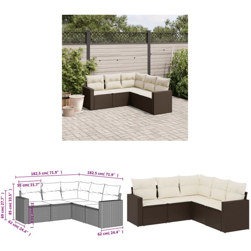 Salon de jardin avec coussins 5 pcs marron résine tressée - Canapé Jardin - Meuble Extérieur - Salon De Jardin - Set De Jardin - Résine Tressée