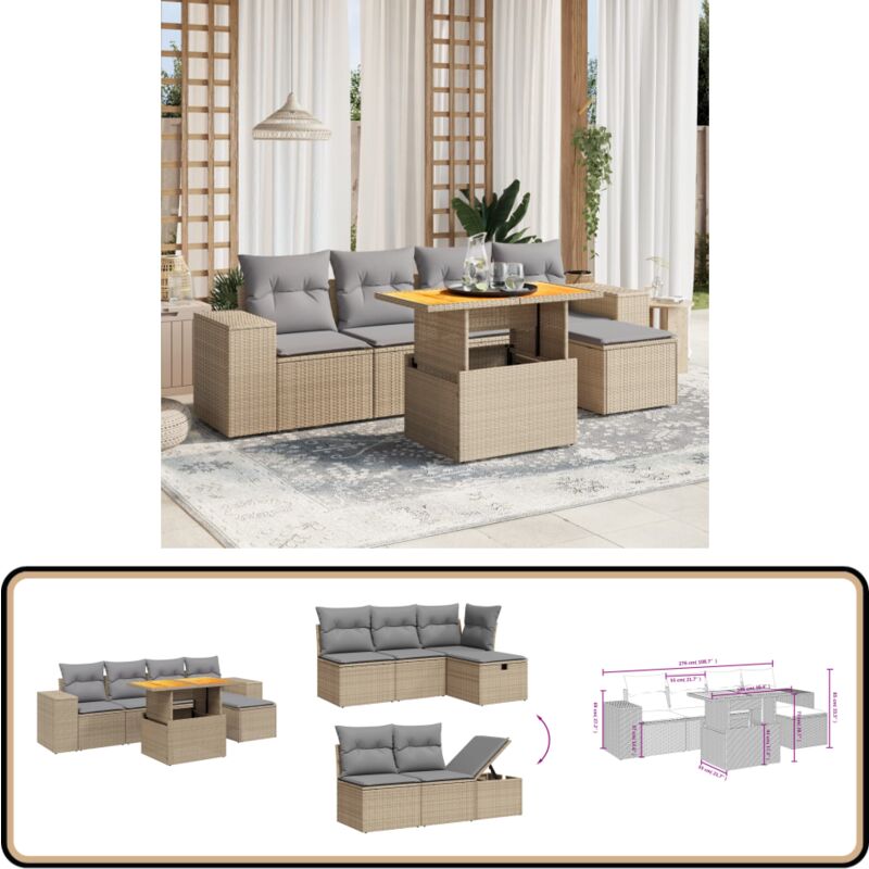 Salon de jardin avec coussins 6 pcs beige résine tressée - Ensemble Salon De Jardin - Mobilier Extérieur - Résine Tressée - Rotin Synthétique - Table