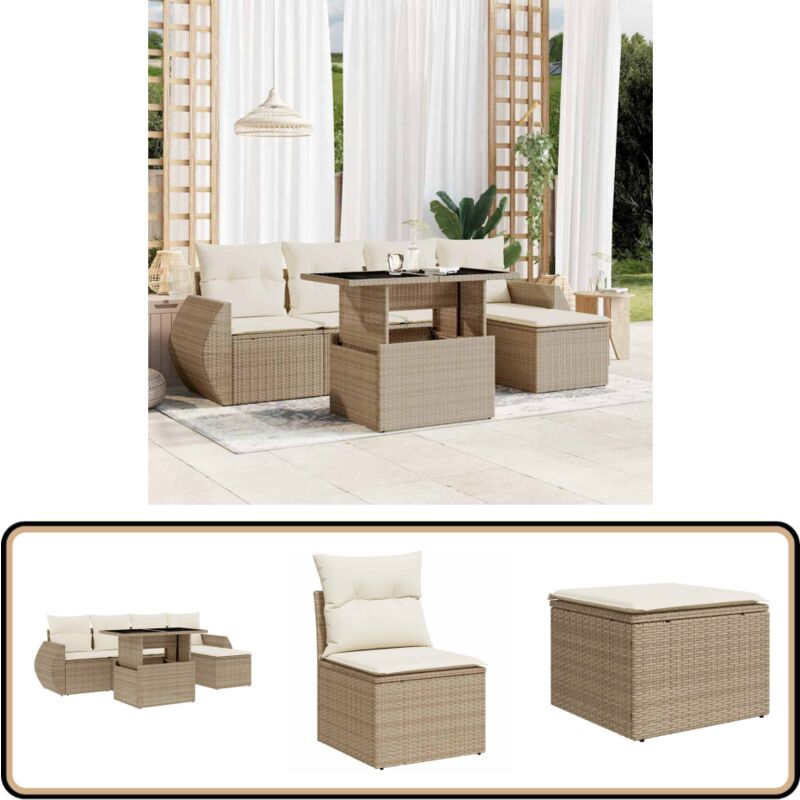Salon de jardin avec coussins 6 pcs beige résine tressée - Ensemble Salon Jardin - Meubles De Jardin - Salon Extérieur - Set Salon - Mobilier