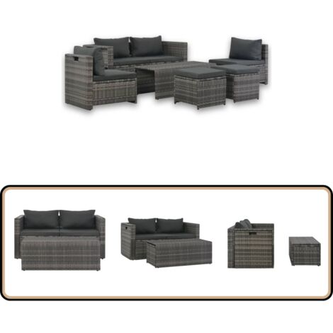Salon de jardin avec coussins 6 pcs Résine tressée Gris - Salon De Jardin - Meuble De Jardin - Salon Extérieur - Set De Salon - Canapé D'angle