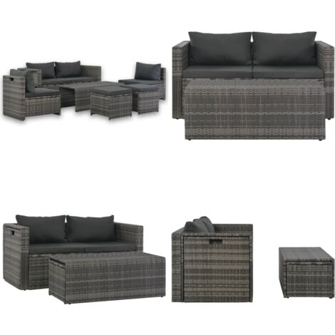 Salon de jardin avec coussins 6 pcs Résine tressée Gris - Salon De Jardin - Meuble De Jardin - Salon Extérieur - Set De Salon - Canapé D'angle - Home & Living