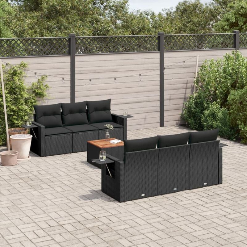 Salon de jardin 7 pcs avec coussins noir résine tressée - Vidaxl