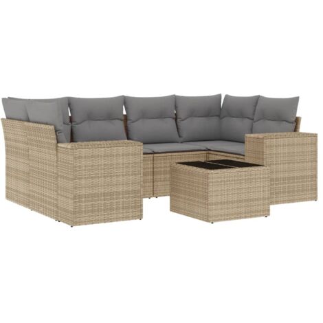 Salon de jardin avec coussins 7 pcs beige résine tressée