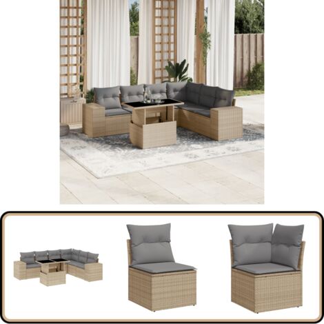 Salon de jardin avec coussins 7 pcs beige résine tressée - Ensemble Salon De Jardin - Meuble Extérieur - Salon De Jardin Pliable - Table Extensible - Chaise Lounge