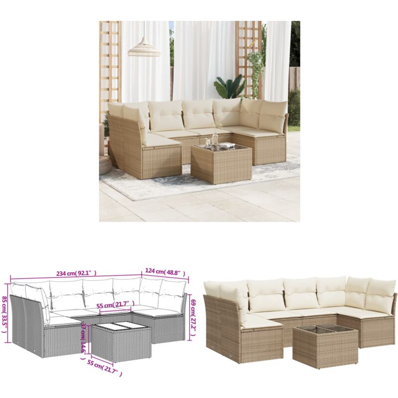 Salon de jardin avec coussins 7 pcs beige résine tressée - Ensemble Salon De Jardin - Mobilier De Jardin - Salon De Jardin Beige - Résine Tressée