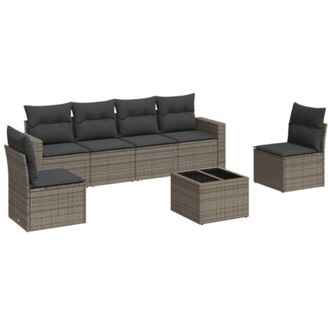 Salon de jardin avec coussins 7 pcs gris résine tressée