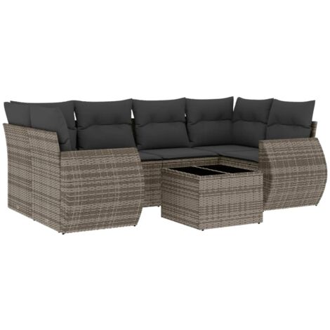 Salon de jardin avec coussins 7 pcs gris résine tressée