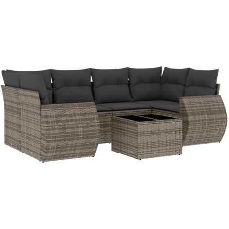 Salon de jardin avec coussins 7 pcs gris résine tressée