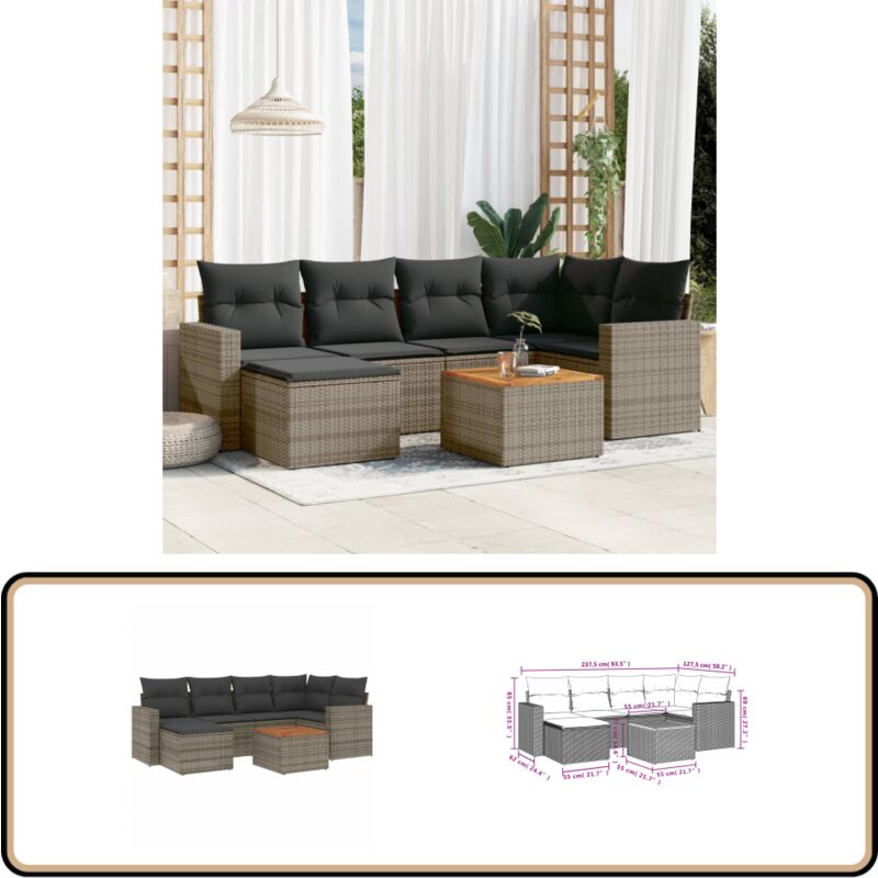 Salon de jardin avec coussins 7 pcs gris résine tressée - Canapé Jardin - Salon Extérieur - Mobilier De Jardin - Set De Jardin - Résine Tressée