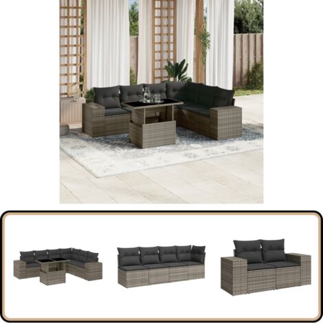 Salon de jardin avec coussins 7 pcs gris résine tressée - Ensemble Salon De Jardin - Meuble Extérieur - Jardin Design - Mobilier De Jardin - Chaise Lounge