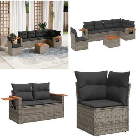 Salon de jardin avec coussins 7 pcs gris résine tressée - Ensemble Salon De Jardin - Meuble Extérieur - Jardin Design - Mobilier De Jardin - Chaise Lounge - Home & Living