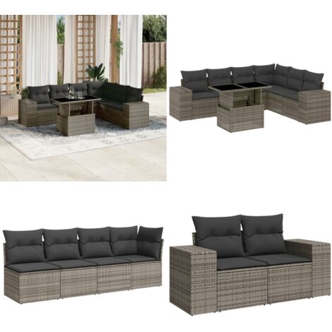Salon de jardin avec coussins 7 pcs gris résine tressée - Ensemble Salon De Jardin - Meuble Extérieur - Jardin Design - Mobilier De Jardin - Chaise Lounge - Home & Living