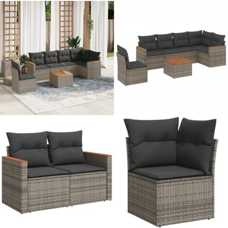 Salon de jardin avec coussins 7 pcs gris résine tressée - Ensemble Salon De Jardin - Mobilier De Jardin - Canapé Extérieur - Set De Jardin - Chaise Lounge - Home & Living