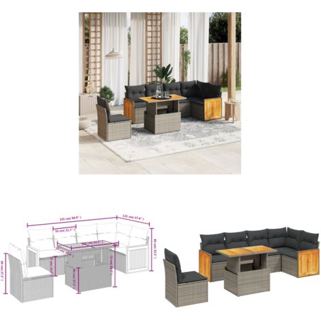 Salon de jardin avec coussins 7 pcs gris résine tressée - Ensemble Salon De Jardin - Mobilier De Jardin - Canapé Extérieur - Table De Jardin - Chaise Lounge - Home & Living