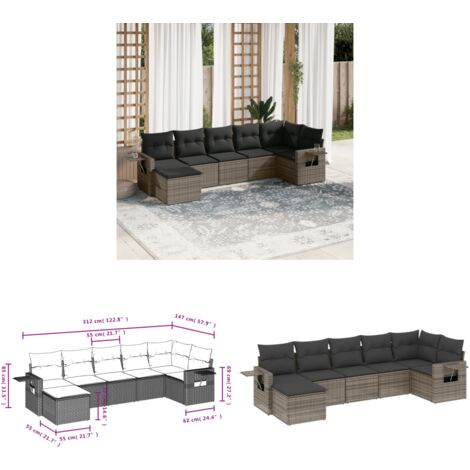 Salon de jardin avec coussins 7 pcs gris résine tressée - Ensemble Salon De Jardin - Salon De Jardin Extérieur - Meuble De Jardin - Résine Tressée - Rotin Synthétique - Home & Living
