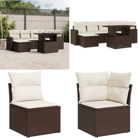 Salon de jardin avec coussins 7 pcs marron résine tressée - Ensemble Salon De Jardin - Meuble Extérieur - Jardin Design - Mobilier De Jardin - Chaise Longue - Home & Living