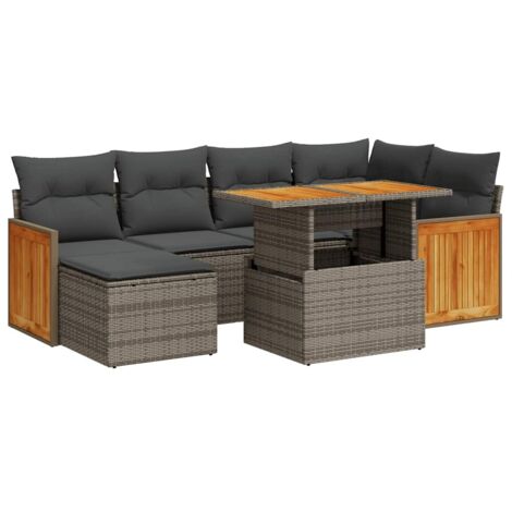 Salon de jardin avec coussins 7 pcs  Mobilier de jardin gris résine tressée acacia