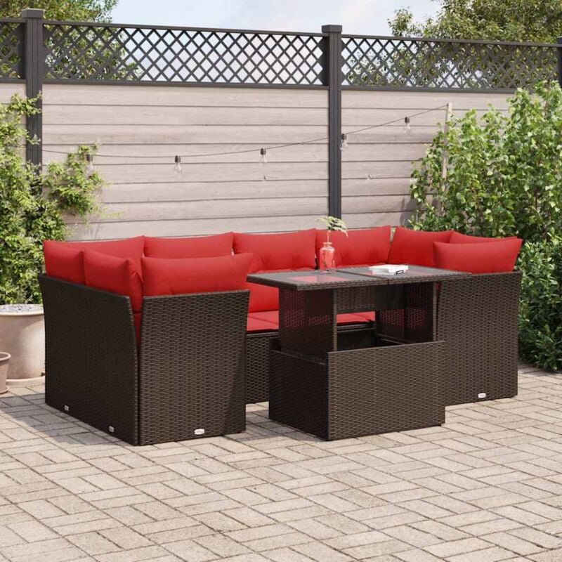 Salon de jardin avec coussins 7pcs marron résine tressée acacia Vidaxl