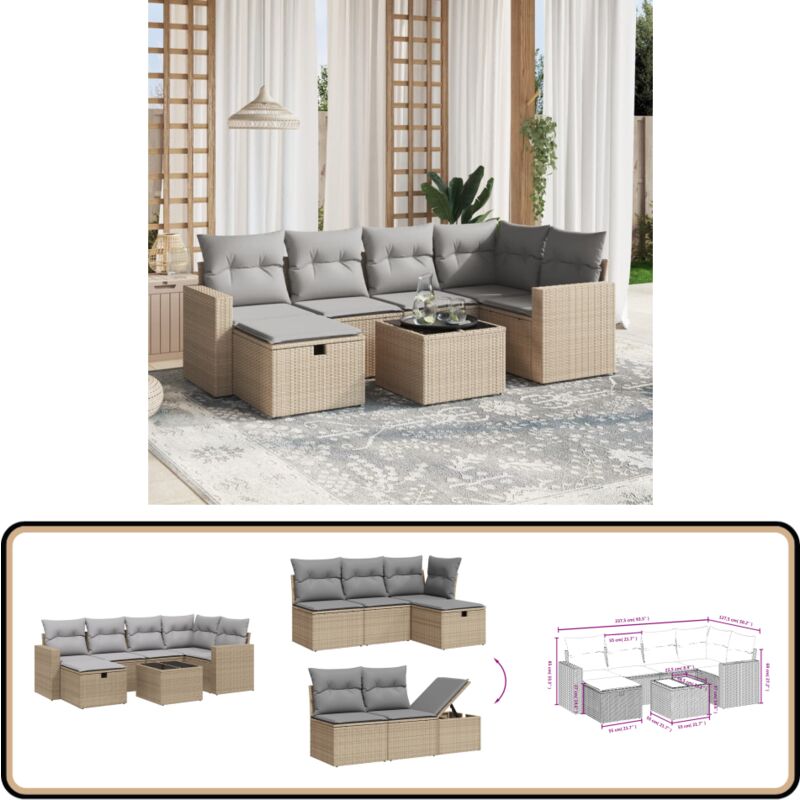 Salon de jardin avec coussins 7pcs mélange beige résine tressée - Ensemble Salon De Jardin - Mobilier De Jardin - Canapé D'extérieur - Set De Salon