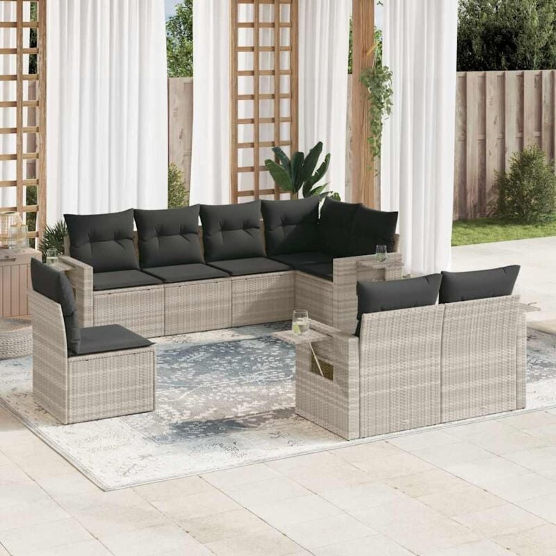Salon de jardin 8 pcs avec coussins gris clair résine tressée Vidaxl