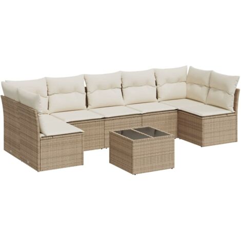 Salon de jardin avec coussins 8 pcs beige résine tressée