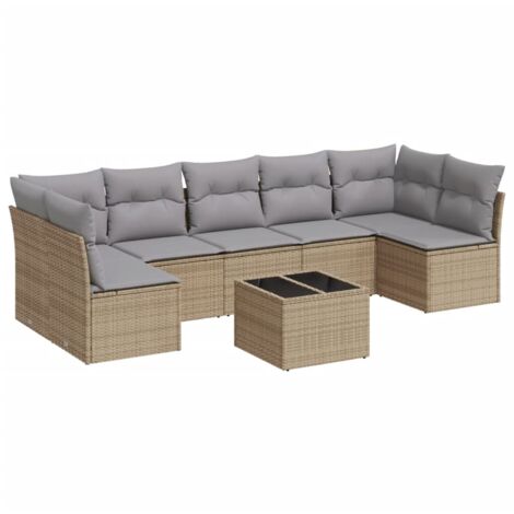 Salon de jardin avec coussins 8 pcs beige résine tressée