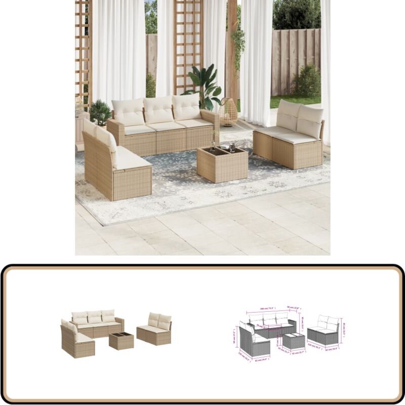 Salon de jardin avec coussins 8 pcs beige résine tressée - Canapé Jardin - Mobilier De Jardin - Set Salon De Jardin - Résine Tressée - Rotin